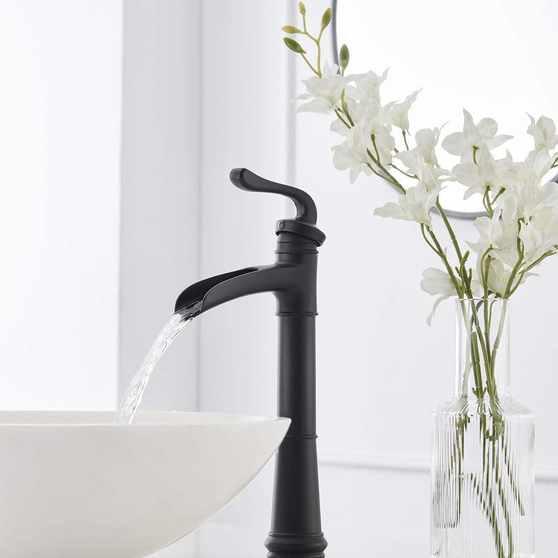 BATHLAVISH Vessel Sink Faucet Matte Black, Waterfall Vessel Faucet, Tall Bathroom Faucet, Farmhouse Single Hole Single Handle Lavatory Vanity RV with Pop Up Drain Without Overflow - Image 3